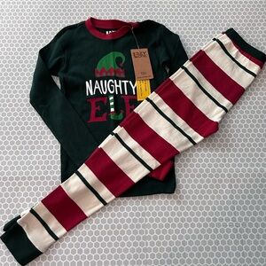 NWT Lazy One Naughty Elf Kids Pajama Set - Black,Cream and Red Striped.  Size 8